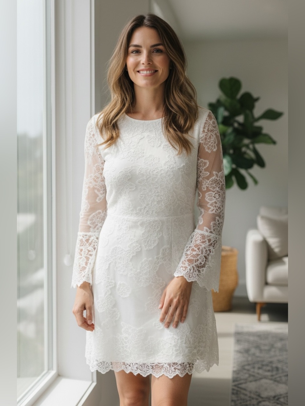 BCBG Max Azria Ivory Lace Dress Small Long Sleeve Sheer Overlay Formal Cocktail